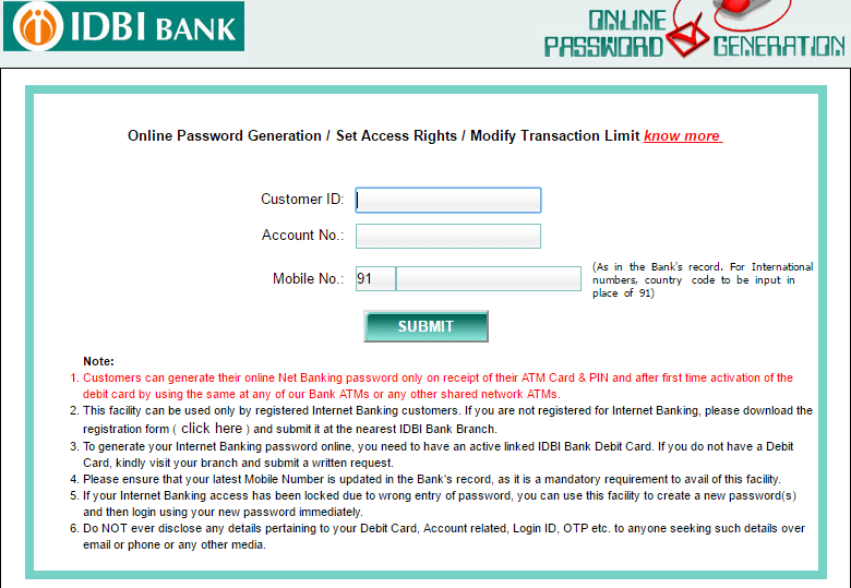 IDBI Internet Banking Registration कैसे करे? IDBI Net Banking Activation कैसे करे? 4 idbi Internet Banking password generate